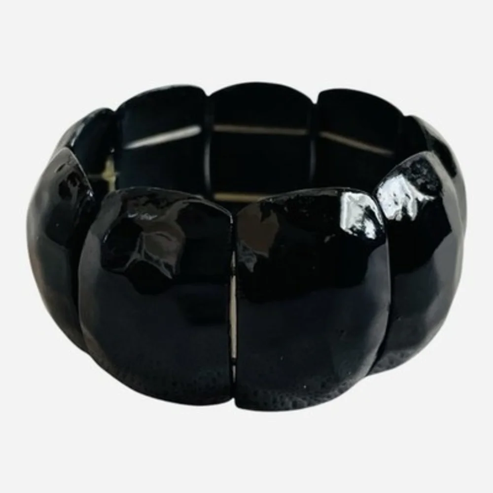 Large Black Glossy Chunky Resin Stretch Wide Bangle Bracelet One Size